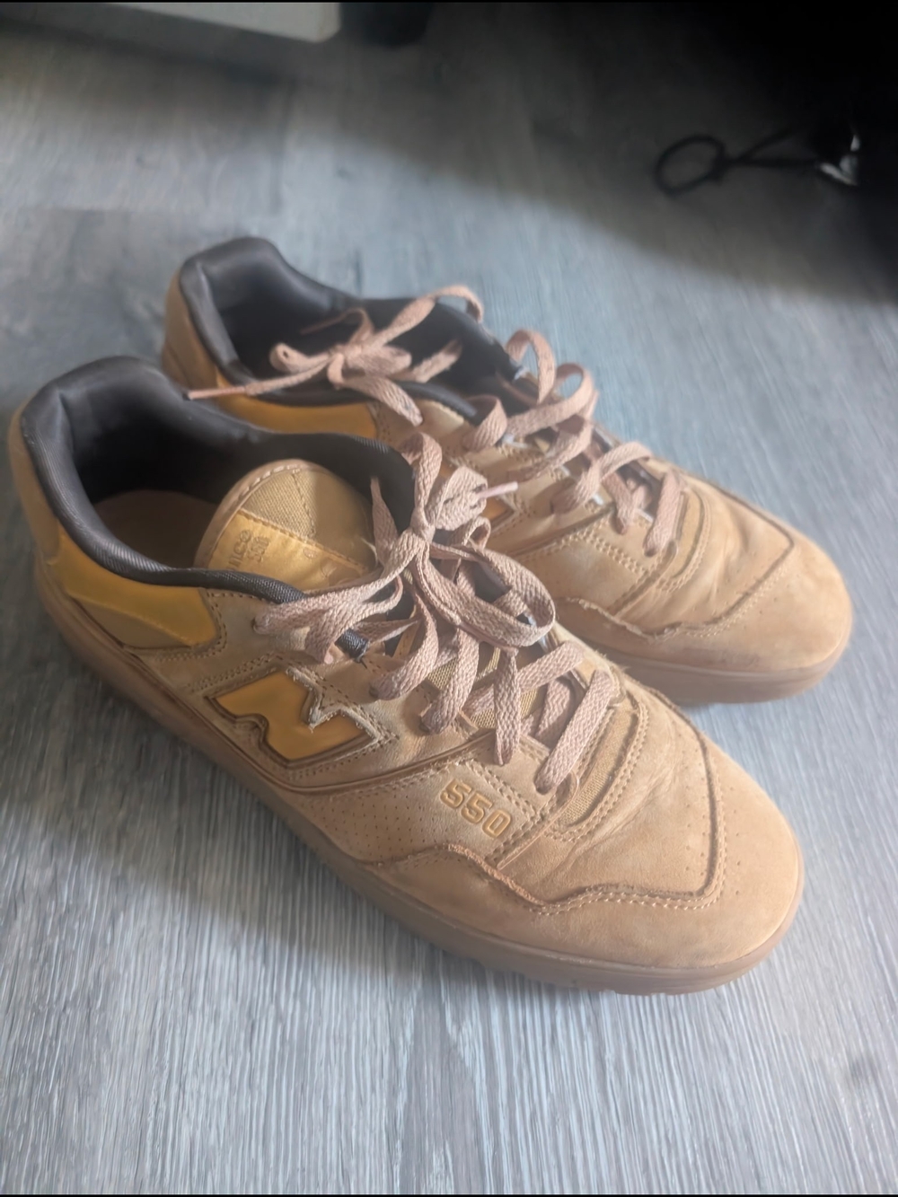 New Balance Men's 550 Suede Sneakers in Tan with Yellow Accent